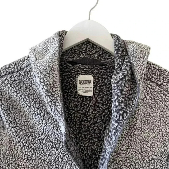 Pink Victoria’s Secret Gray Open Front Sherpa  Hooded Jacket Sz One Size #1482 - Picture 2 of 11